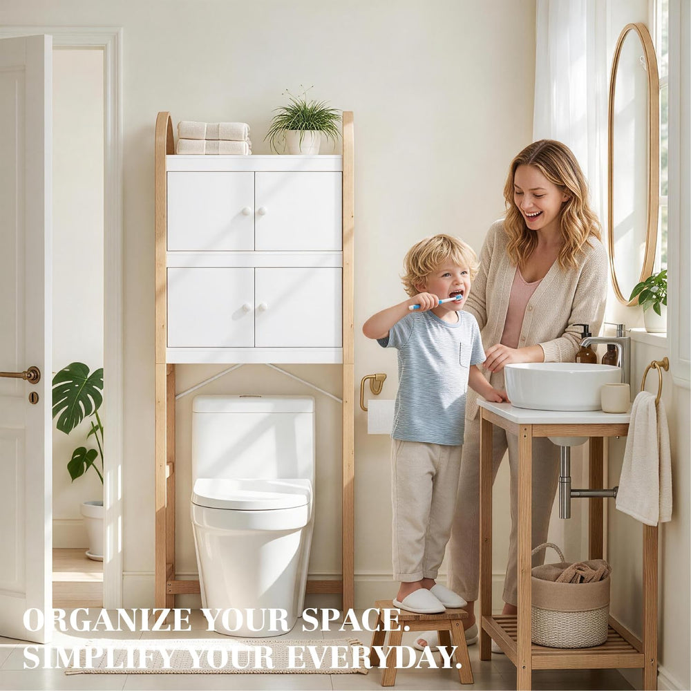 UTEX Over the Toilet Storage Cabinet with Doors, Arched Bamboo Frame, White