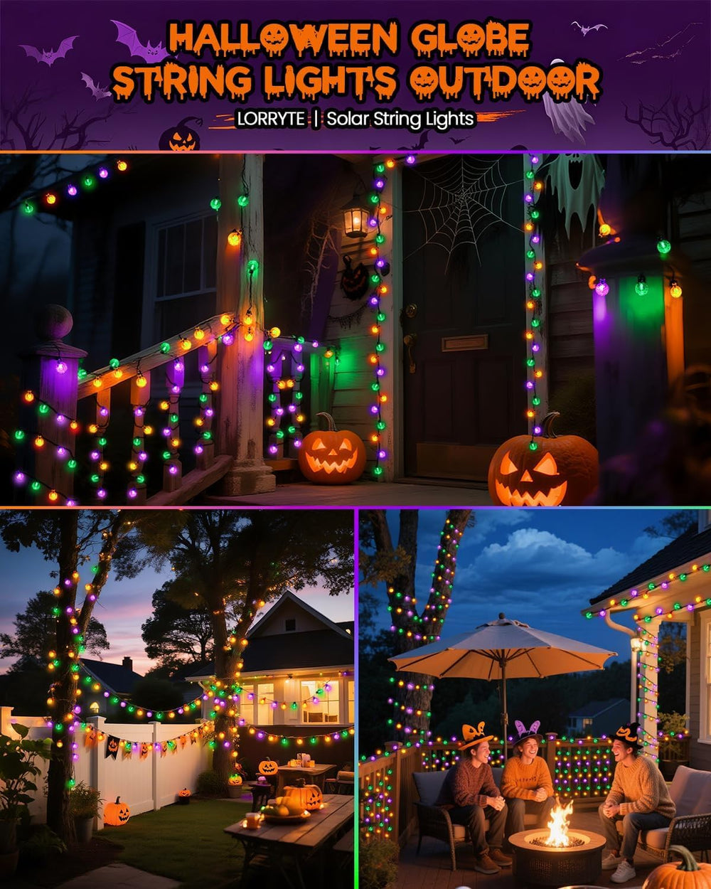 2 Pack 100 LED Purple Orange and Green Solar Halloween Lights Outdoor