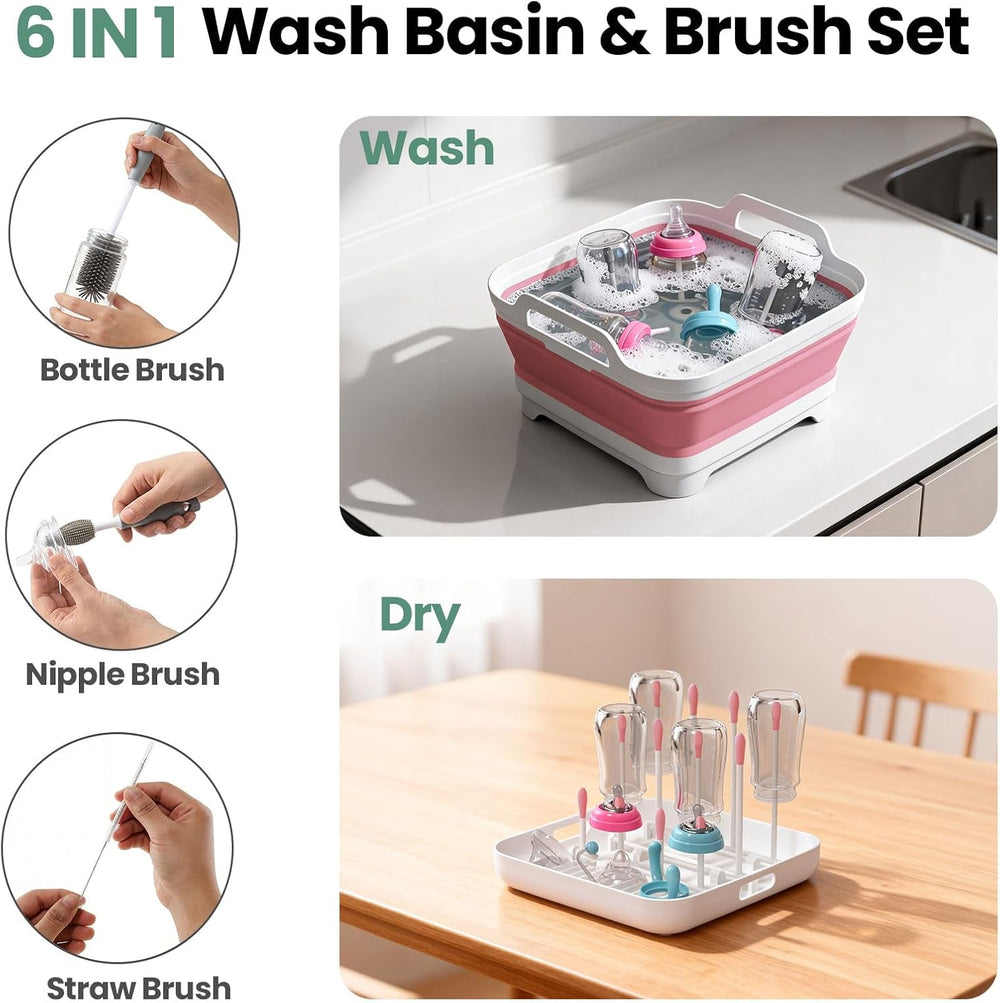 Volnamal Collapsible Wash Basin with Drying Rack & Drain Plug (Pink)