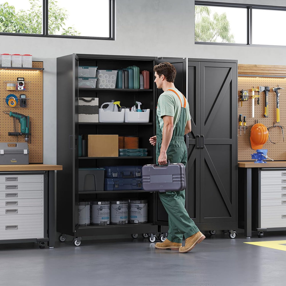 Letaya Metal Garage Storage Cabinet with Wheels,71" Black Tool Steel Locker