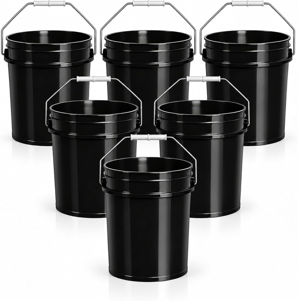 MKS Plastics Black 5-Gallon Heavy-Duty Bucket, No Lid Included, 6-Pack