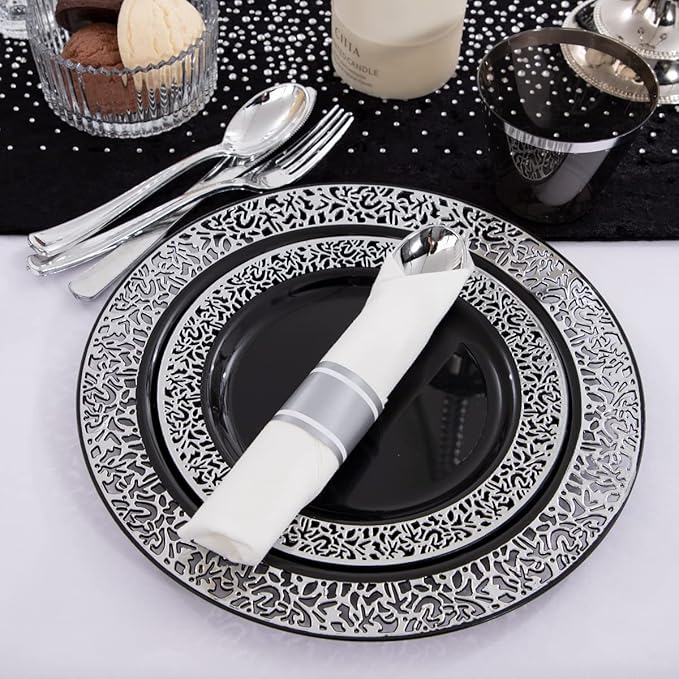 NOCCUR 210PCS Black and Silver Dinnerware Set for 30 Guests - Black Plastic P...