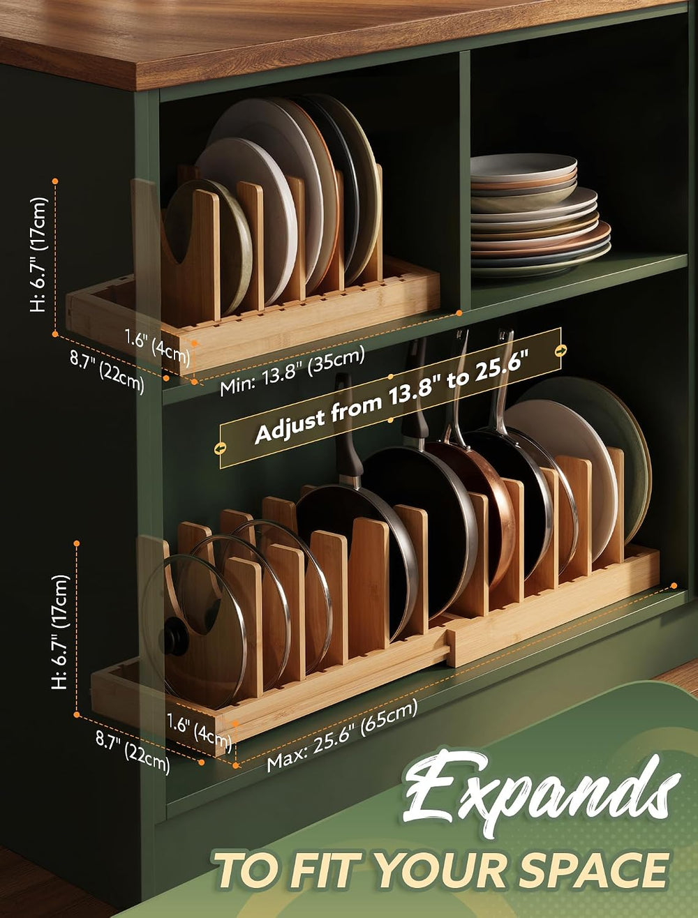 Pots and Pans Organizer Under Cabinet, Expandable Pot and Pan Rack