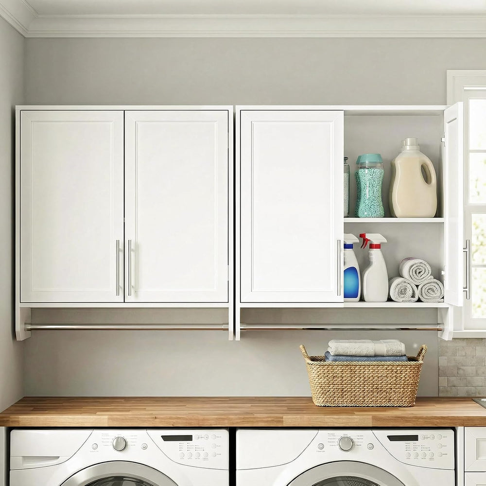 Furnaza 60" W Large Laundry Room Wall Mounted Cabinets with Hanging Rod