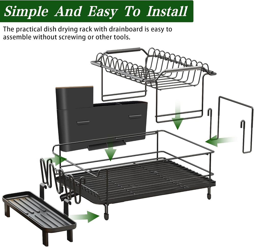 Runnatal Large 2-Tier Dish Drying Rack for Kitchen Counter, Black
