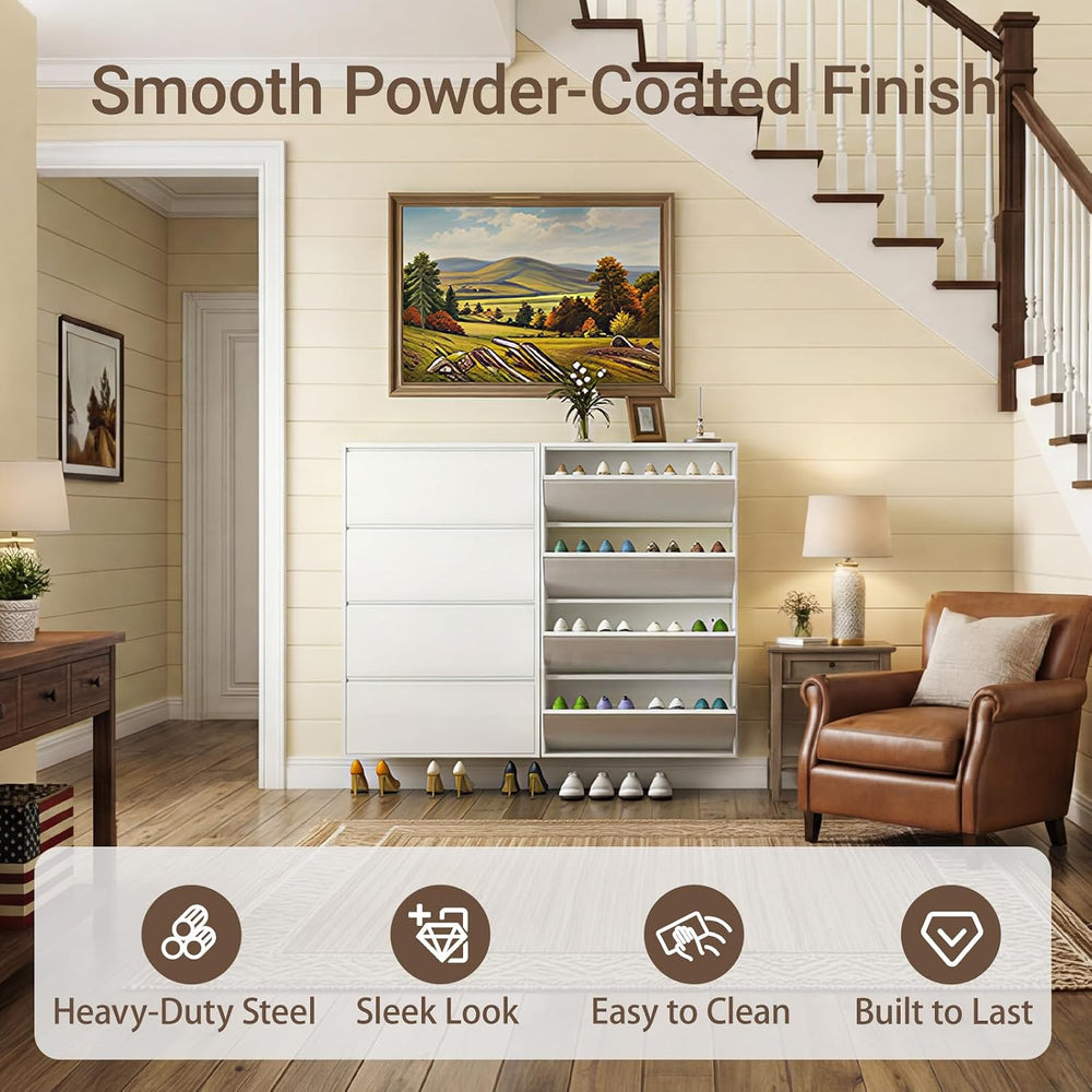 4 Flip Drawer Shoe Cabinet, Slim Metal Storage for Entryway