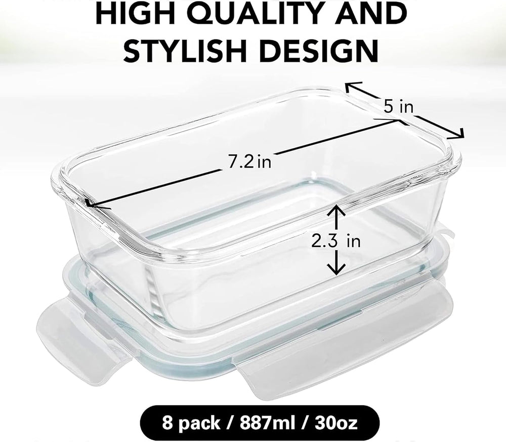 Razab 16 Pc (Set of 8) 30 Oz Glass Meal Prep Containers with Lids, Airtight L...