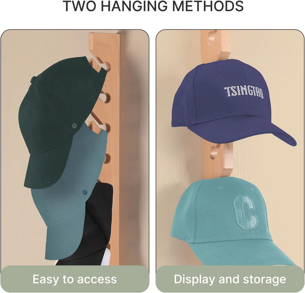 3 Pack Beech Wood Hat Rack for Wall – 10 Hooks Baseball Cap Organizer | Verti...
