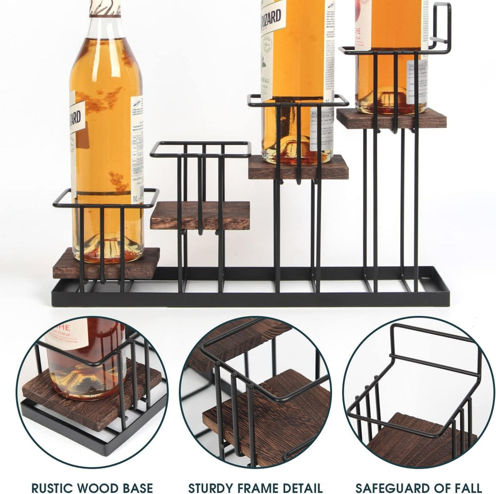 Coffee Syrup Organizer Rack, Rustic Wood and Metal Wire, 4-Tier Display Holde...