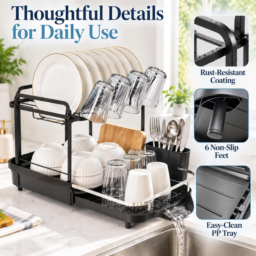 2 Tier Dish Drying Rack, Dish Drainer with Drainboard Set, Black