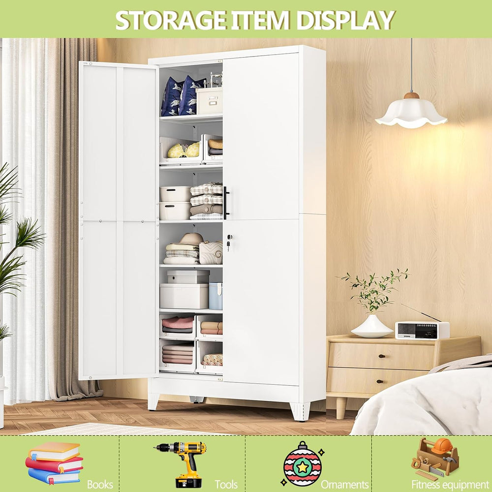 White Kitchen Pantry Cabinets,79 Metal Lockable Storage for Office
