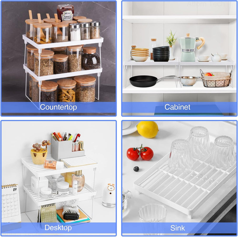 NiHome 8-Pack Stackable Plastic Kitchen Storage Shelf Foldable Rack, White