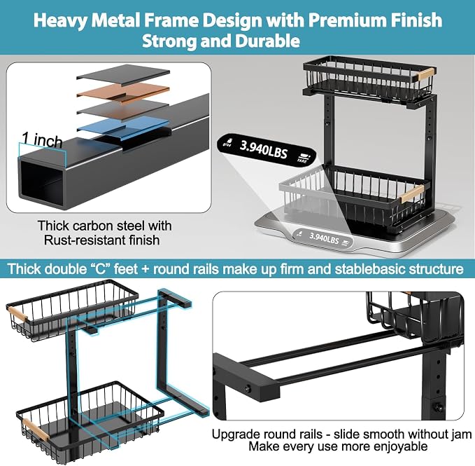 Under Sink Organizer Storage 2 Pack, 2 Tier Slide Out Height Adjustable Pull