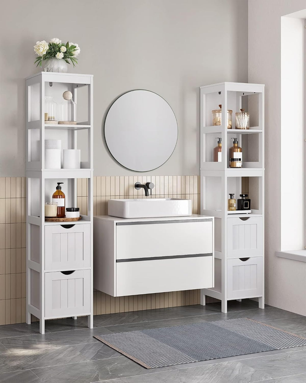 VASAGLE Bathroom Floor Cabinet, 2 Drawers, 55.7”H, White