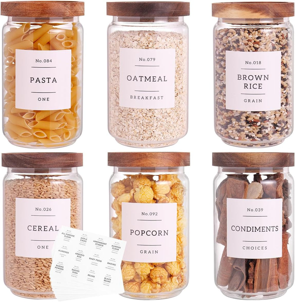 6 Set Glass Pantry Storage Jars with Acacia Airtight Lid - 23oz Thicken Glass...