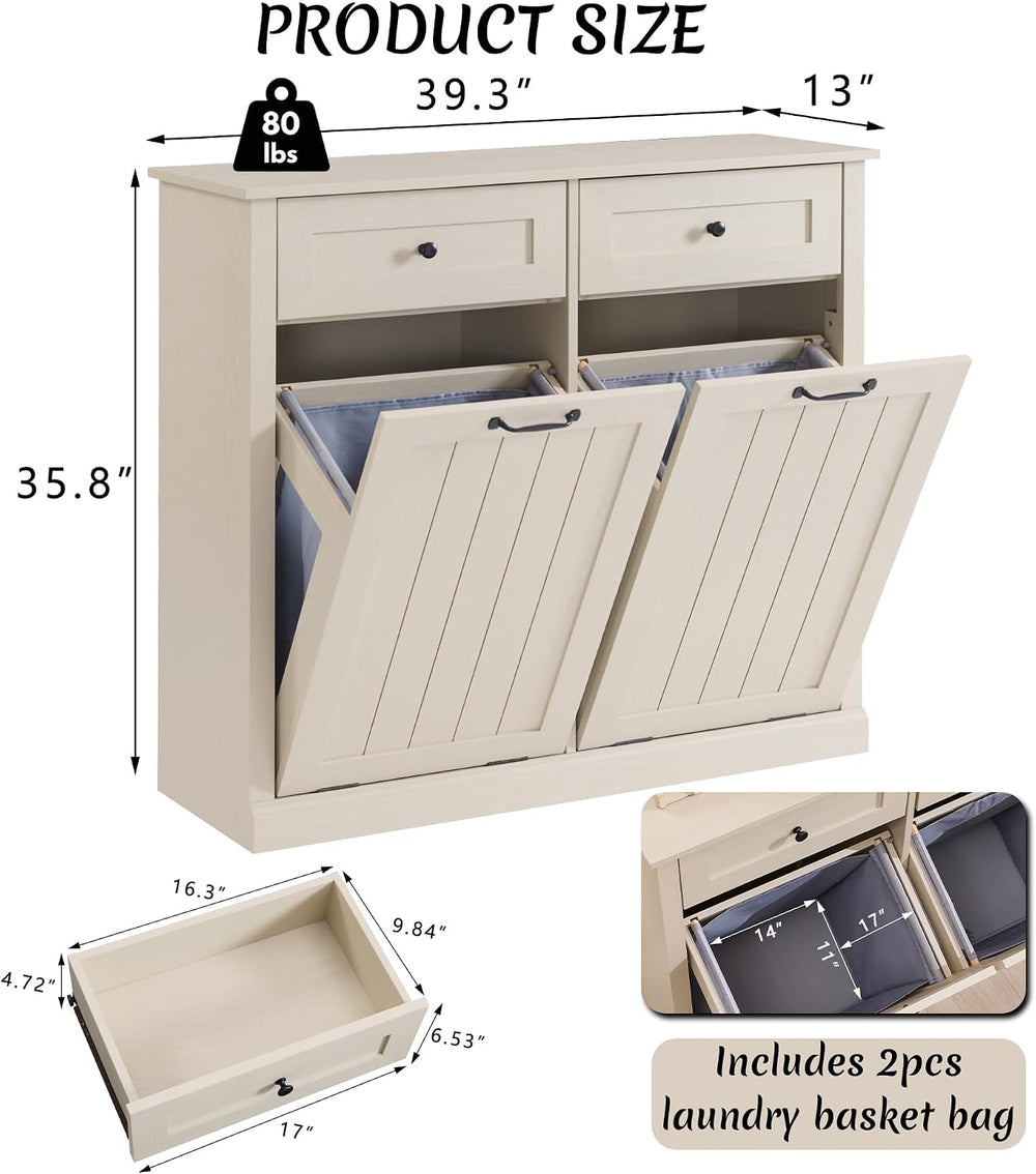 IFBUY Double Tilt Out Laundry Hamper Cabinet, Trash Cabinet, Cream