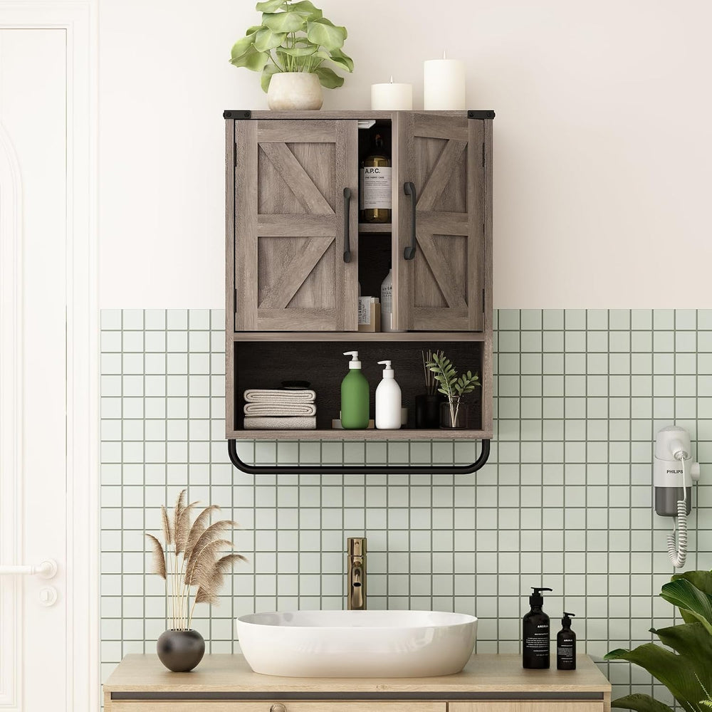 RUSTOWN Farmhouse Wall Storage Cabinet with 2 Barn Door & Towel Rack