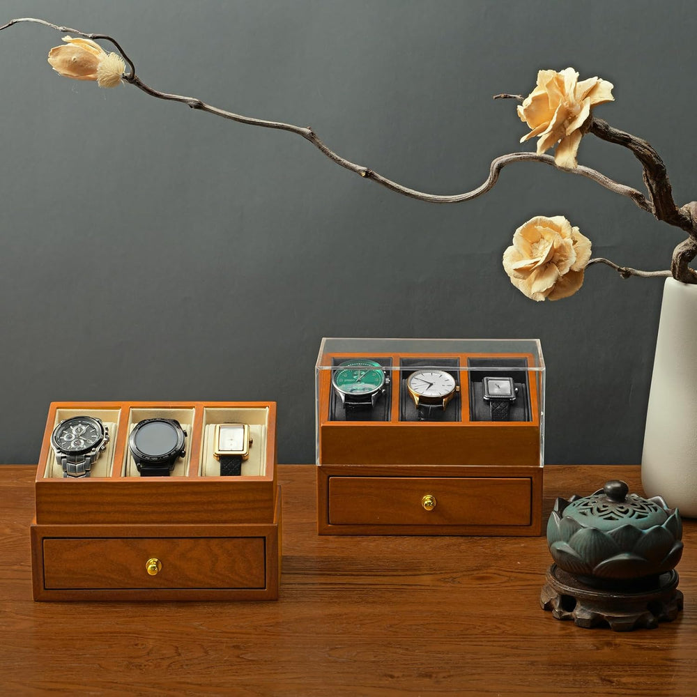 Solid Wood 3-Slot Watch Display Case with Acrylic Lid & Drawer