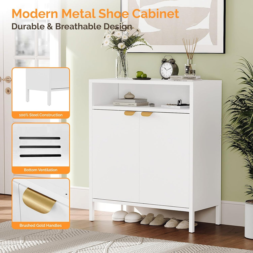 VINGLI Metal Shoe Cabinet, White Entryway Shoe Storage Cabinet with 2 Doors a...