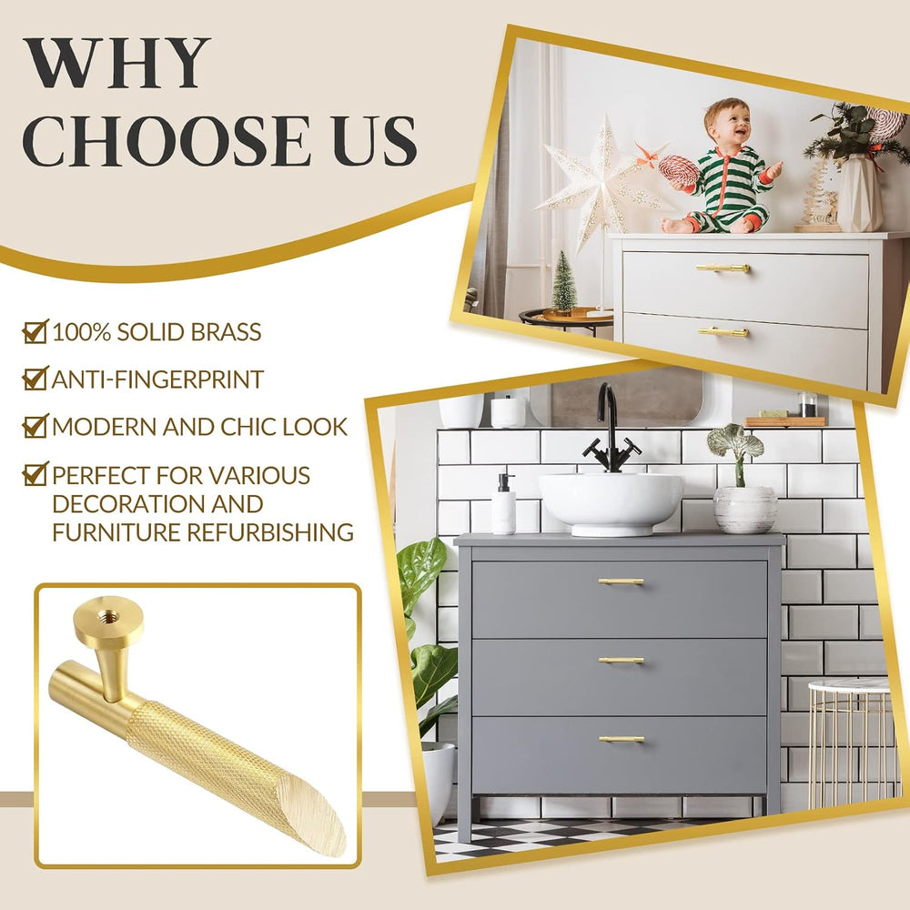 RZDEAL 5 Pack Solid Brass Cabinet Pulls Gold Kitchen Cabinet Handles Drawer P...