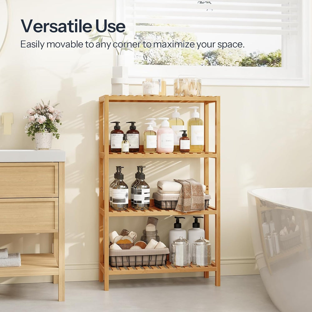 HOOBRO Bamboo Storage Shelf, 4-Tier Freestanding Shelving Unit, Multifunction...
