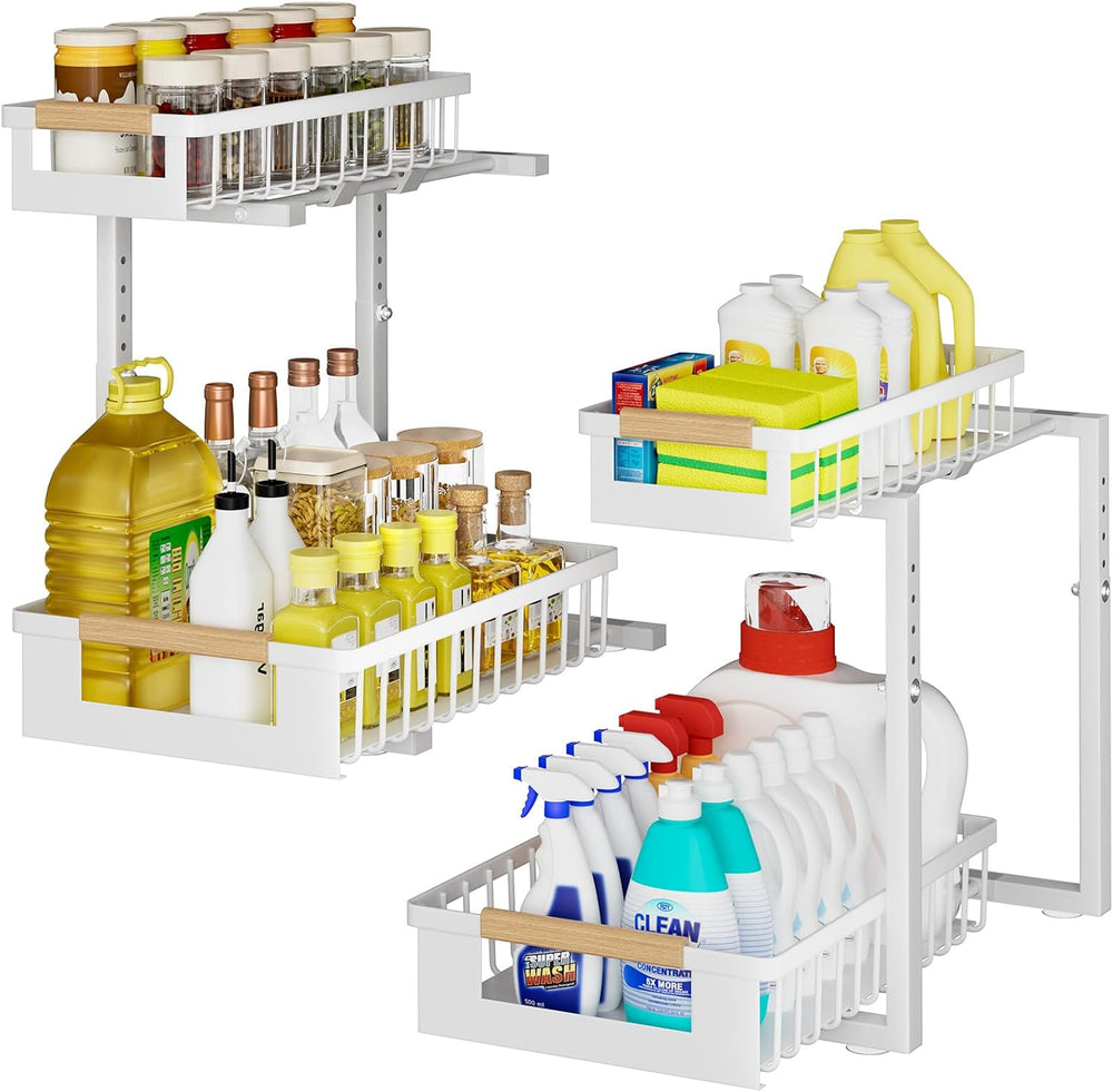 2 Pack Under Sink Organizer, 2 Tier Pull Out Cabinet Organizer with 5-Level A...