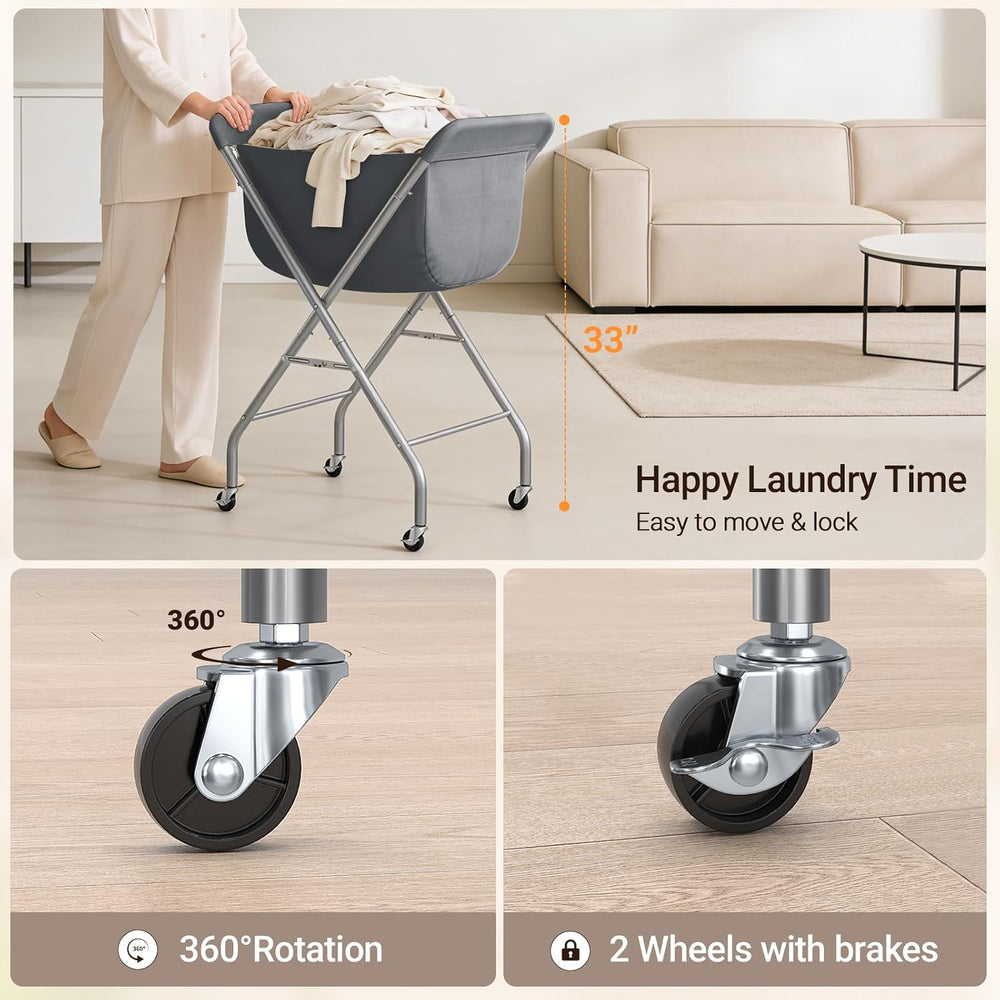 ELYKEN Laundry Basket with Wheels, Collapsible Laundry Hamper, Gray