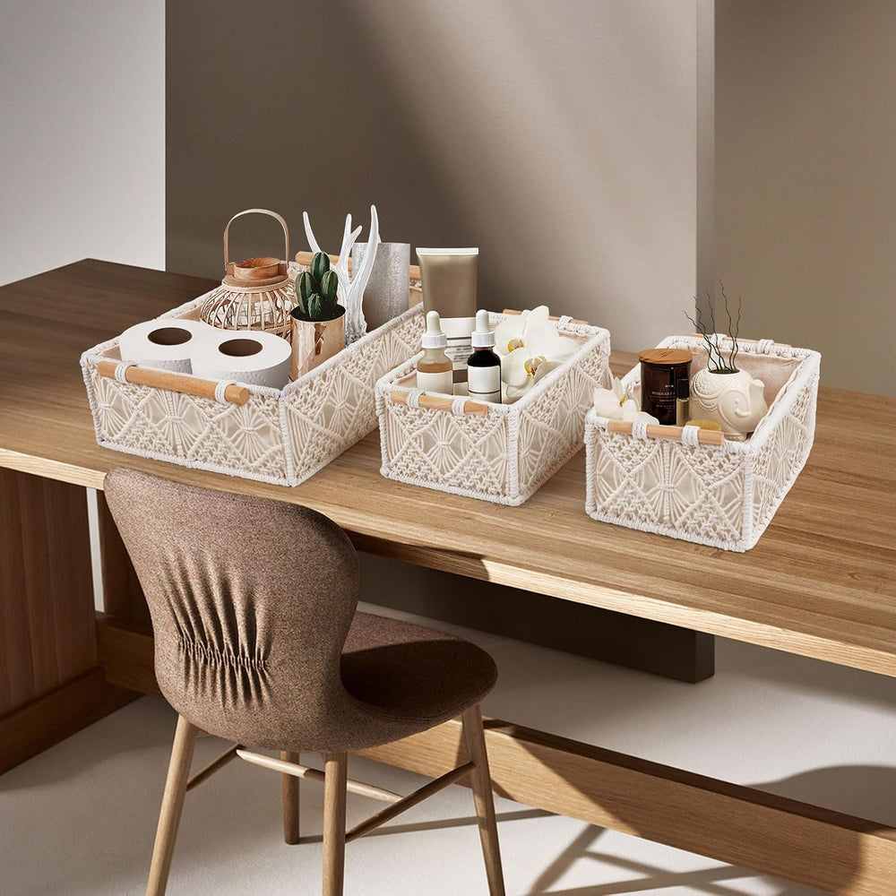 ANMINY 3PCS Decorative Macrame Baskets, with Removable Liner & Wood Handles