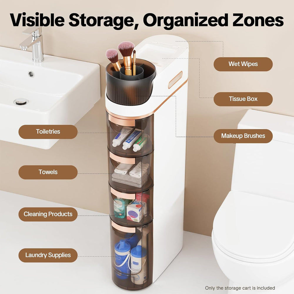 4 Tiers Slim Bathroom Storage Cabinet, Drawer Narrow Slim Storage Cart with T...
