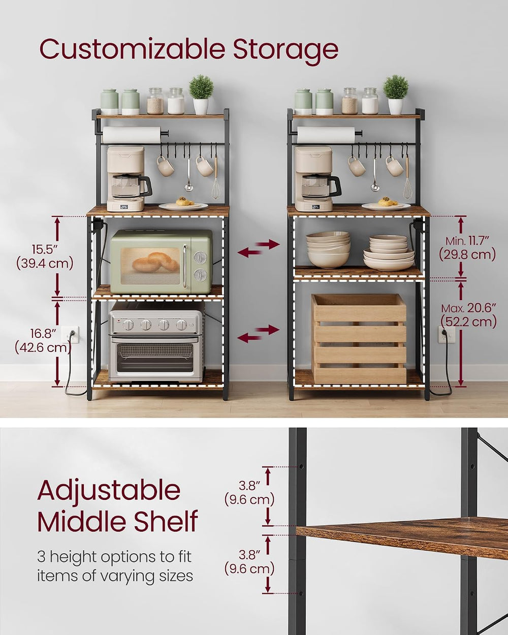 VASAGLE 4-Tier Kitchen Bakers Rack with Power Outlet, 23.6-Inch Wide