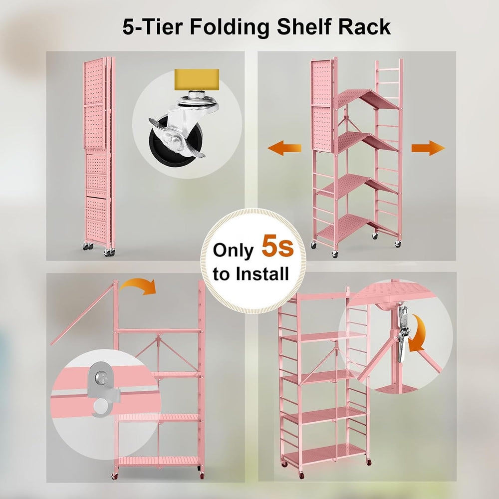 5-Tier Folding Storage Shelves with 20 Hooks Wheels Home Pink