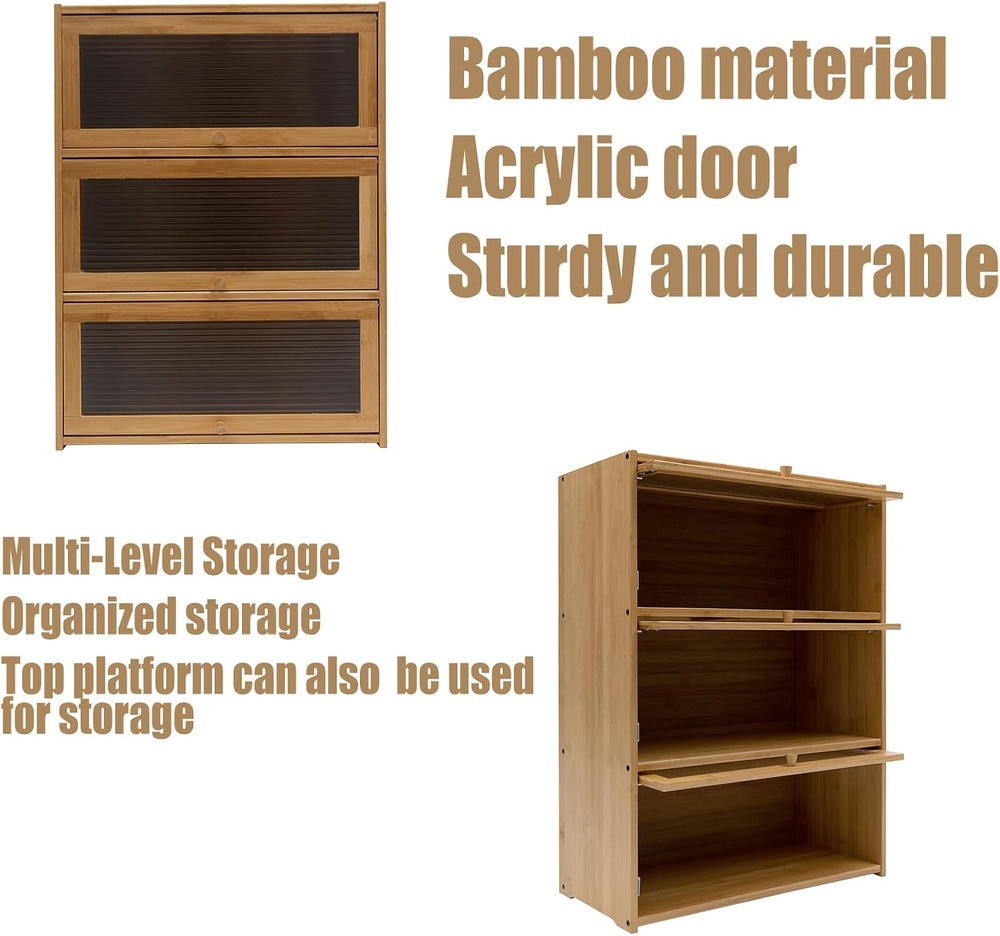 3 Tiers Bamboo Storage Cabinet, Wood Sideboard with Acrylic Doors Modern Kitc...