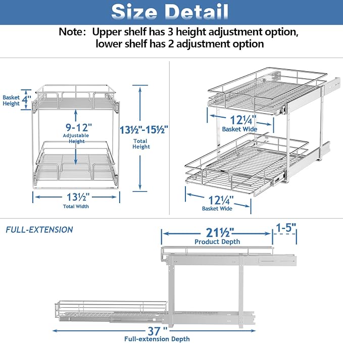 2 Tier Individual Pull Out Cabinet Organizer 13½" W x 21½" D, Heavy...