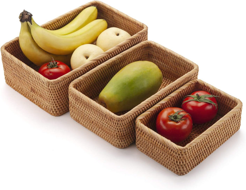 Natural Rattan Fruit Storage Baskets Rectangular Woven Wicker Box for Key Hol...