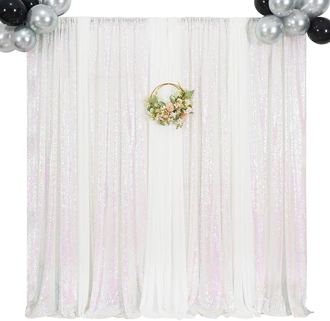 Poise3EHome White Iridescent Sequin Backdrop Curtains,4 Panels 2FTx8FT Glitte...
