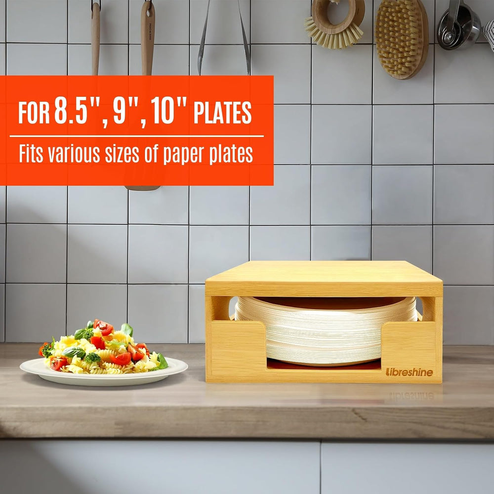 Bamboo Paper Plate Dispenser with Lid, Fits 8.5-10 Inch Plates