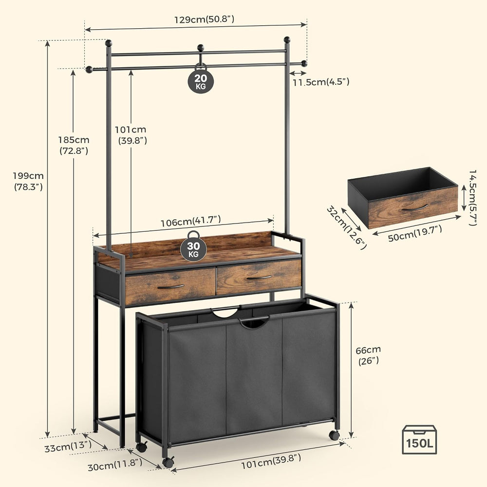 Mondeer 150L Laundry Sorter with Hanging Rack, 3 Compartments, 2 Drawers