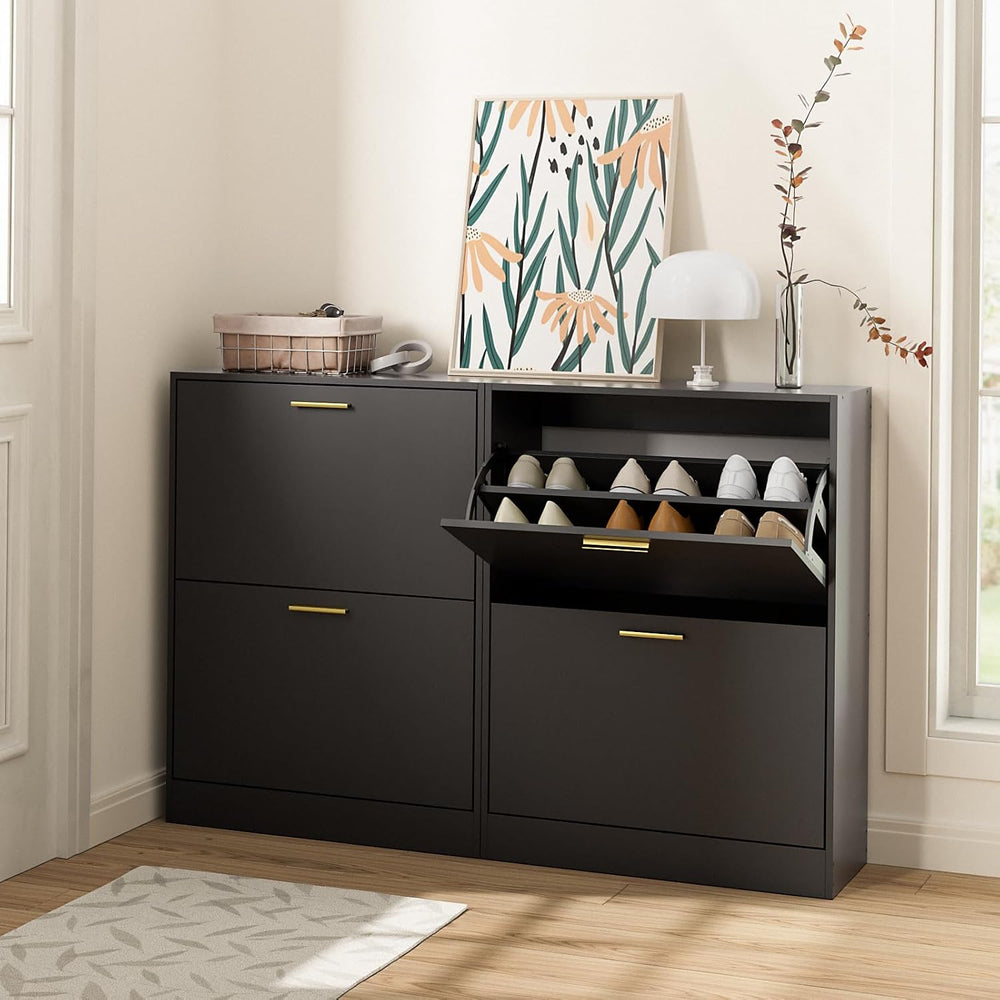 LYNSOM Entryway Shoe Cabinet Set of 2 with 2 Flip Drawers and Top Display, Bl...