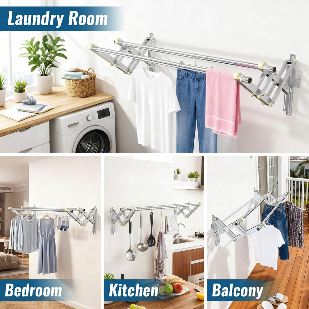 Foldable Wall Mounted Clothes Rack- Double 44'' Long Rod & 2 Thic...