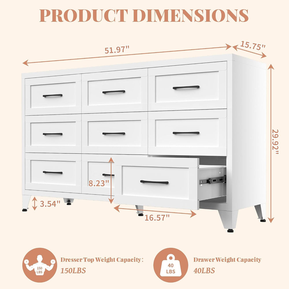 Metal 9 Drawer Dressers for Bedroom, 52" Wide White Steel Chest of Drawe...