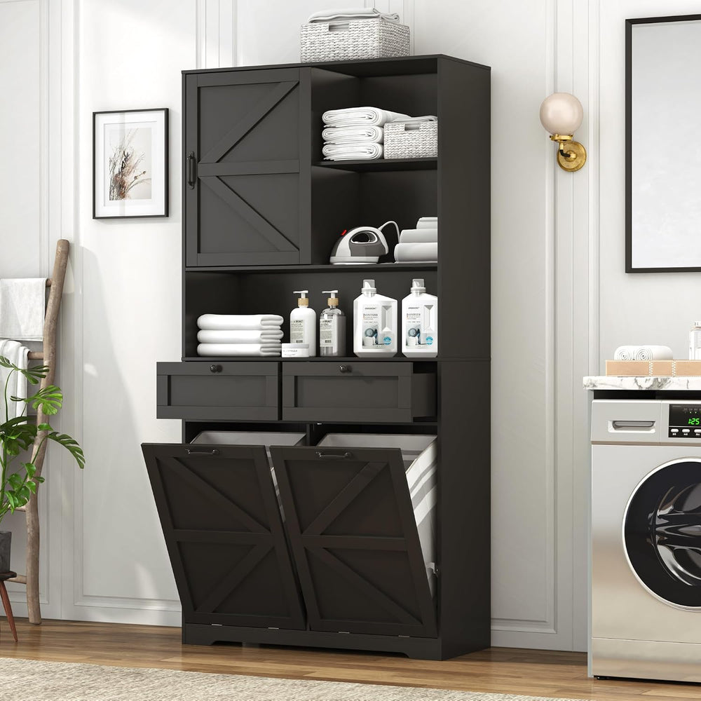 78" Tall Tilt-Out Double Doors Laundry Cabinet Hamper w Hidden Laundry H...