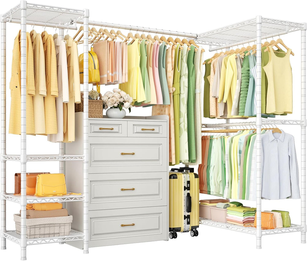 ULIFHOME E10L L-Shaped Clothes Rack for Corner(With Expandable Hanger Rod)Hea...