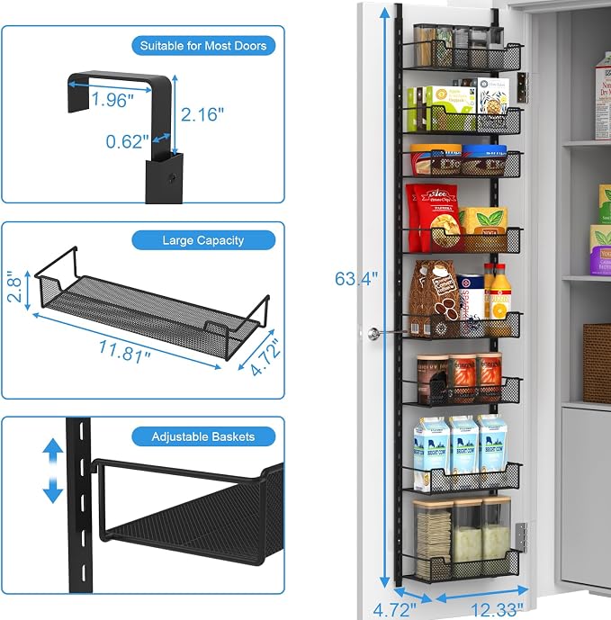 12.3" W Narrow Over the Door Pantry Organizer, 8-Tier Over the Door Orga...