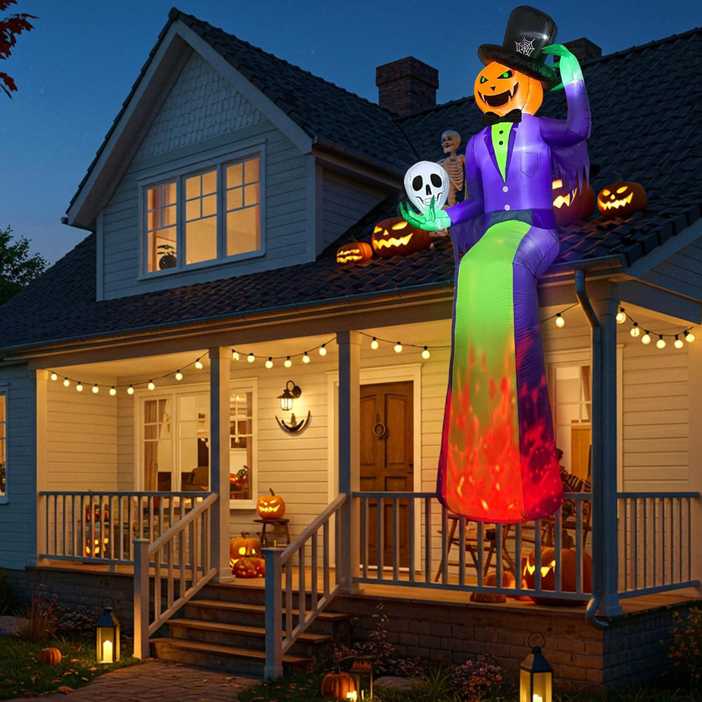 10FT Sitting Halloween Inflatable Pumpkin with Flame Light for Roof Decor
