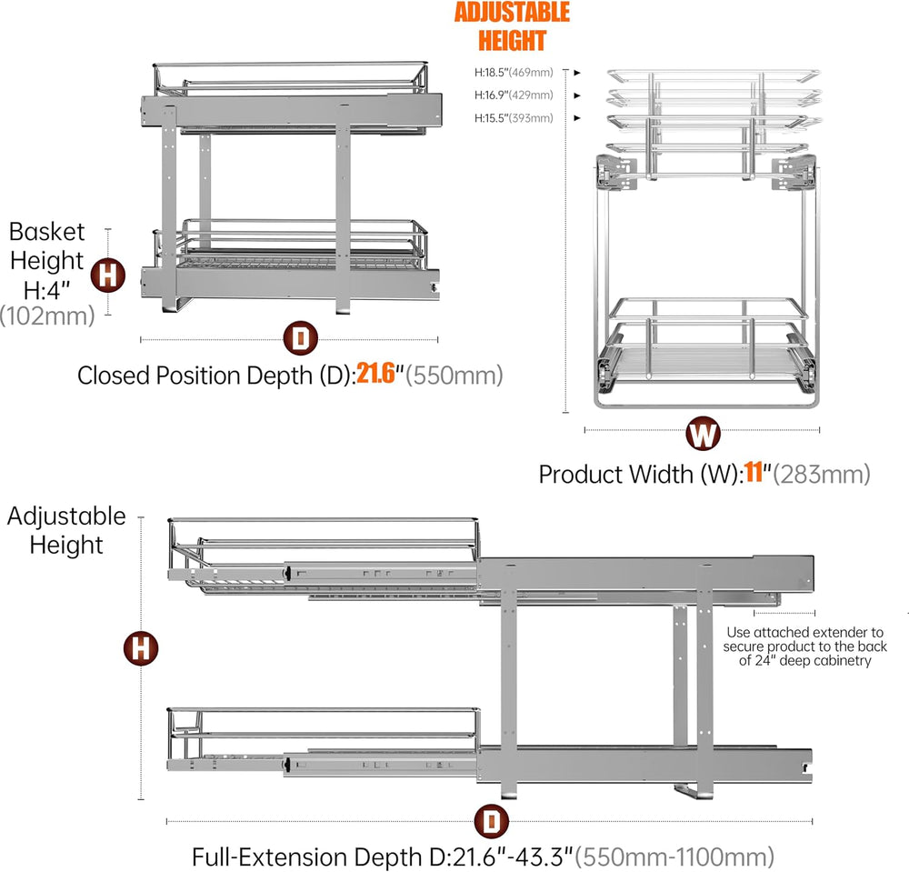 2-Tier Cabinet Pull Out Shelves, 11" W x 22" D, Chrome