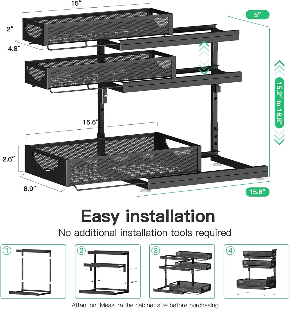 Under Sink Organizer, 2-Pack 3-Tier Pull Out Cabinet Organizers and Storage