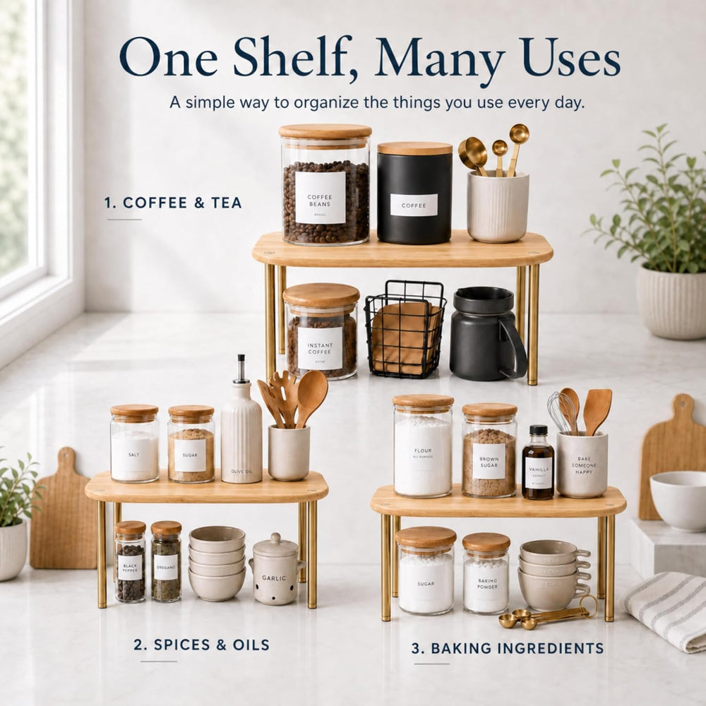 Stackable Shelves Organizer for Kitchen, Set of 2, Bamboo, Natural