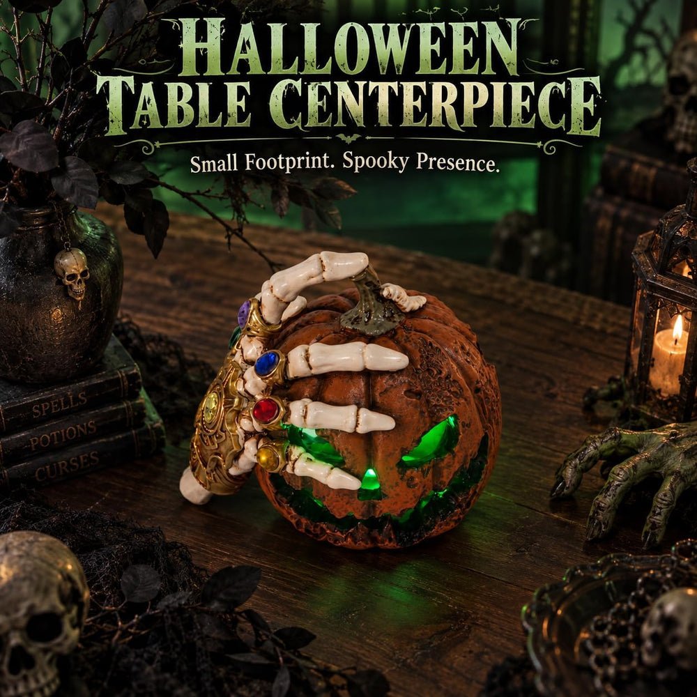 Halloween Jack O Lantern with Skeleton Hand, Green LED Pumpkin Light