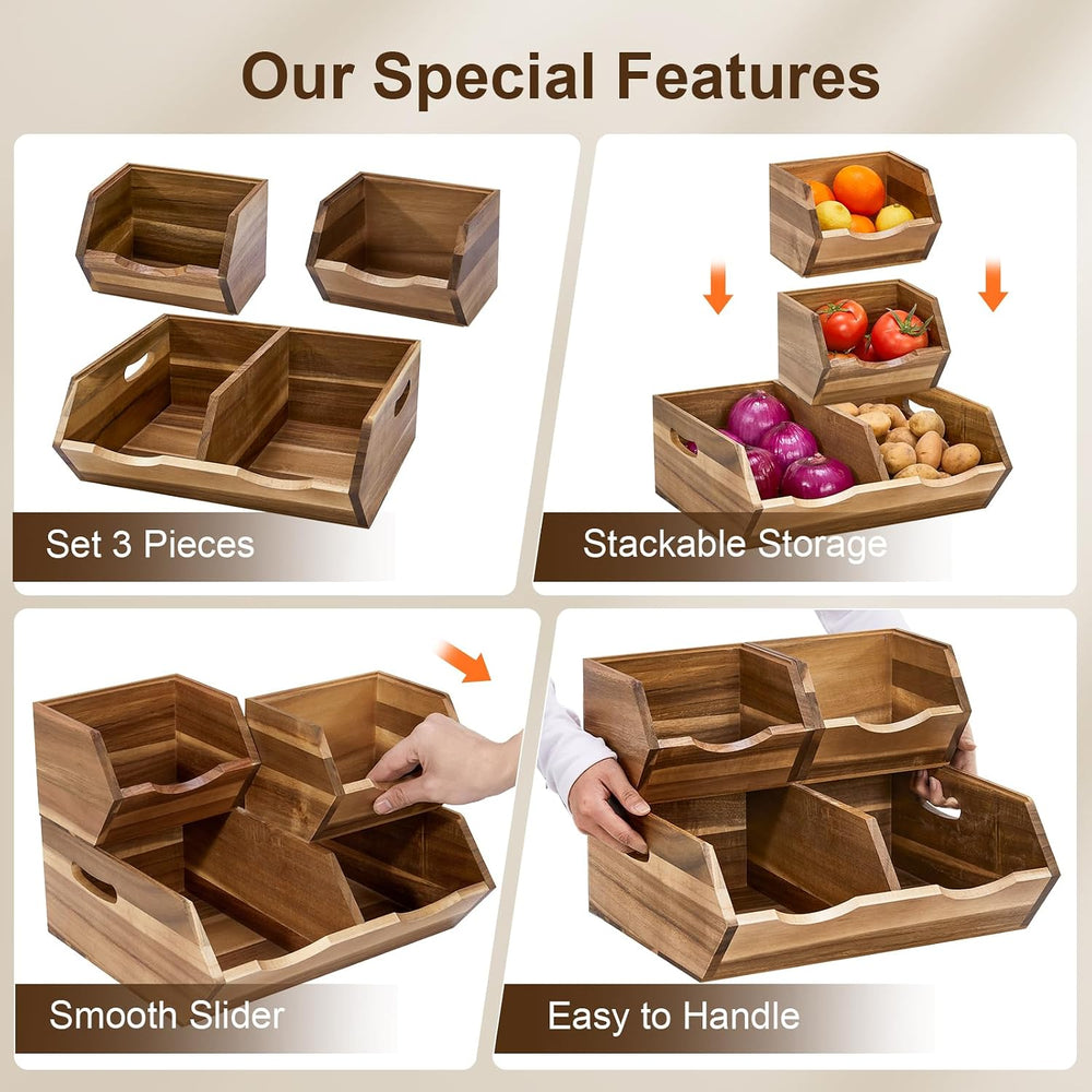 Acacia Wood Pantry Storage Bins, Stackable Storage Baskets Potato and Onion S...