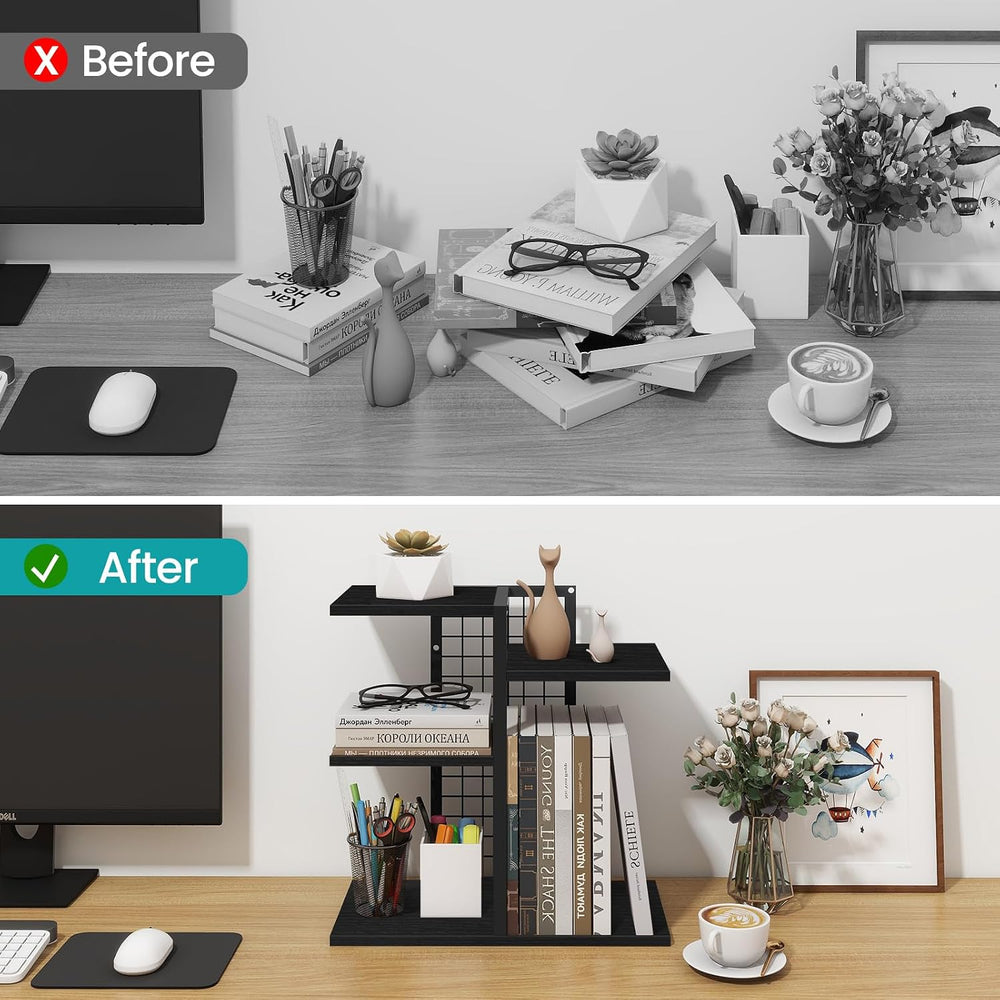 Desktop Bookshelf, 4 Tier Wood Desk Organizer Shelf, Tabletop Storage Shelf R...